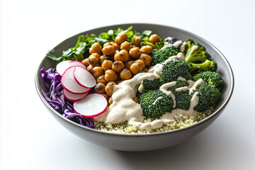 A perfectly arranged vegan Buddha bowl, featuring quinoa, roasted chickpeas, steamed broccoli, sliced radishes, purple cabbage, and a creamy tahini dressing. Isolated white background
