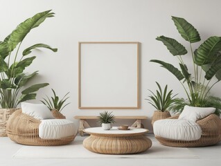 White room with wicker chairs, plants, and a blank frame.