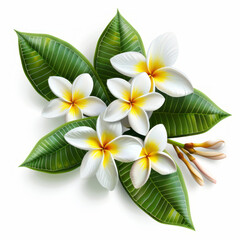 Fototapeta premium Realistic illustration of plumeria flowers with leaves on a white background, top view, detailed.