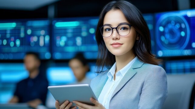 Young Woman in Suit Holding Tablet in Modern Office Environment