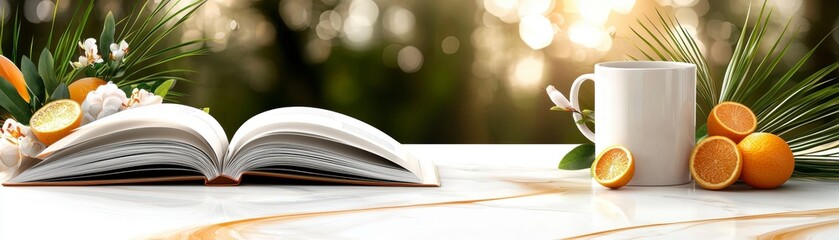 Reading a book with fresh oranges and a coffee mug on a stylish table relaxing garden background lifestyle scene