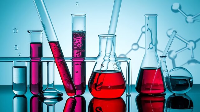 Various Laboratory Glassware and Molecular Structures in a Science Concept Illustration