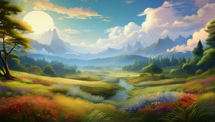 Illustration of beautiful natural landscape background. Generated image