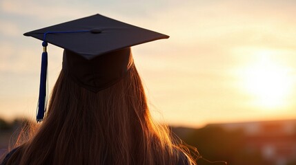 A graduate in a cap gazes at a sunset, symbolizing achievement and new beginnings.
