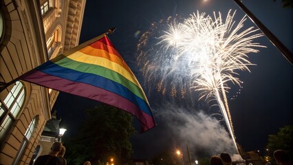 A photograph capturing a vibrant scene with a pair of hand holding out a vibrant, rainbow-colored flag and a spectacular fireworks display.