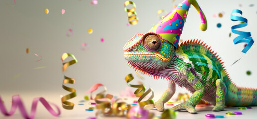 Obraz premium Cute chameleon wearing a birthday hat with party streamers on the head isolated on a background.