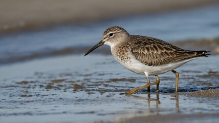 Obraz premium Elegant Sandpiper Striding Across the Shoreline as the Tide Recedes
