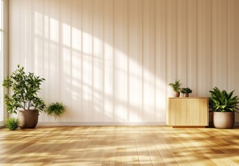 Fototapeta premium Sunlit minimalist room interior with wooden floor, plants, and cabinet.