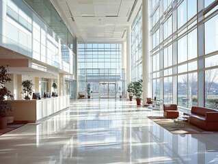 Bright and spacious modern office lobby with large glass curtain walls, sunlight streaming in through the windows, creating a warm and inviting atmosphere.