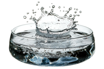 Water splash in glass bowl; high-speed photography; abstract; visual appeal; scientific study; possible use for product catalog or educational material