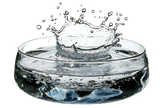 Water splash in glass bowl; high-speed photography; abstract; visual appeal; scientific study; possible use for product catalog or educational material