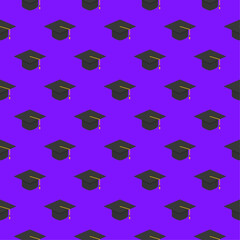 Seamless pattern graduation hats on purple background.
