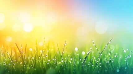 Obraz premium Dew-covered grass at sunrise, vibrant colors, bokeh background.