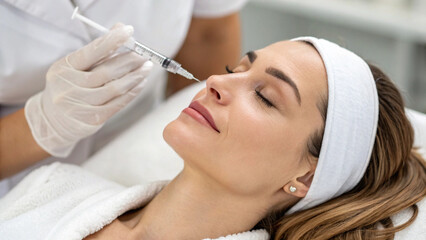 Close-Up of a Professional Injecting into a Woman's Face for Wrinkle Reduction and Volume Enhancement.