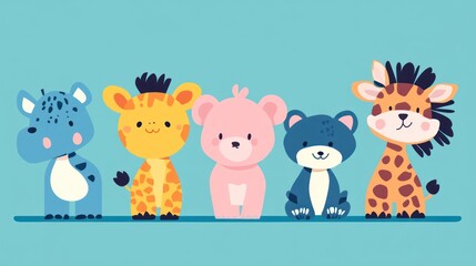 Obraz premium Cute cartoon animals, a hippo, giraffe, bear, and a lion in a row, sitting on a light blue background.