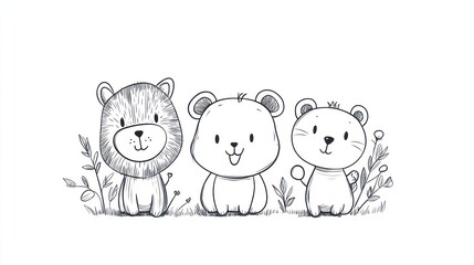 Cute cartoon animals, a lion, bear, and a cat, sitting together in a simple landscape.