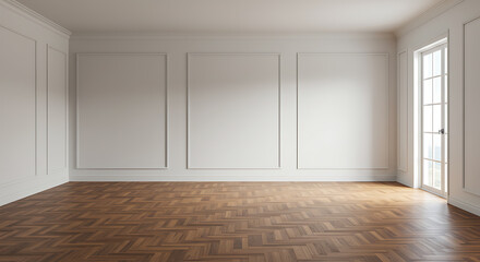 Obraz premium Elegant Empty Room with Hardwood Floor and French Door Sunlight Interior Design