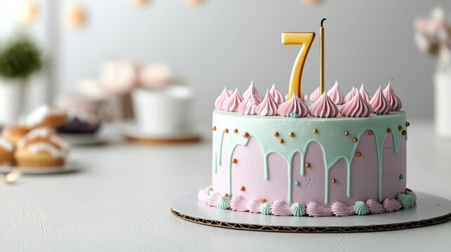 Pastel birthday cake with 7 candle, decorated with cream and sprinkles, Happy Birthday 7 Anniversary Theme.