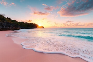 Obraz premium Beautiful Pink Beach with Turquoise Water and a Stunning Sunset, Capturing the Essence of Tropical Paradise