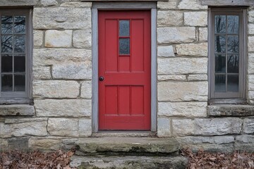 Red door on rustic stone building. Perfect for themes of home, entryway, or rural life.