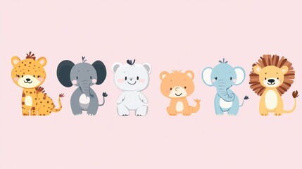 Naklejka premium Cute cartoon animals, a row of adorable, stylized, childlike illustration of different wild animals, including a cheetah, elephant, polar bear, bear, elephant, and lion, in a flat design.