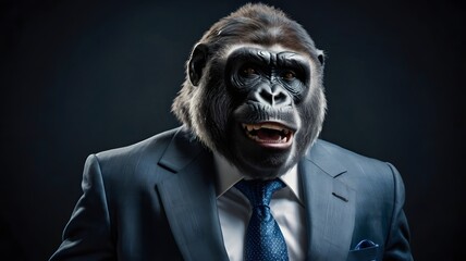 aggressive huge laughing gorilla dressed up like business man great ape in an expensive grey business suit blue tie on dark background primate confidently laughs and looks back generative ai