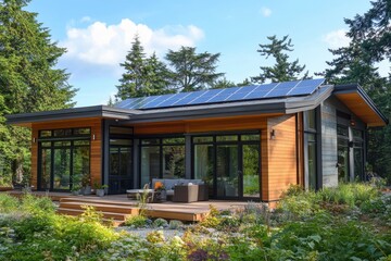 Modern eco-friendly house with solar panels, surrounded by lush greenery. Illustrates sustainable living and renewable energy solutions for home design.