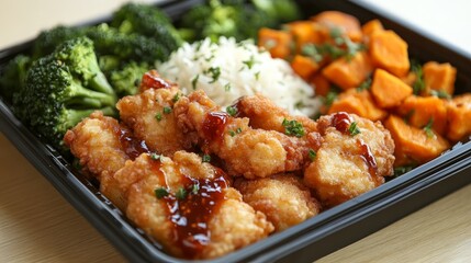 A meal featuring fried chicken, rice, broccoli, and sweet potatoes in a black tray.