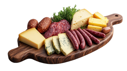 A beautifully arranged selection of various cheeses and meats. transparent background