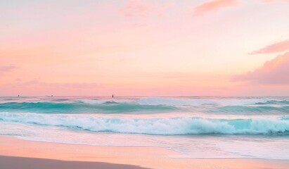 Fototapeta premium Pastel sunset over ocean waves on beach.