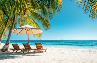 Idyllic tropical beach scene with lounge chairs under a beach umbrella.