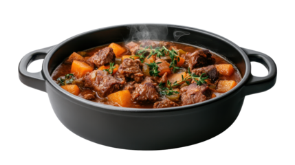 Delicious beef stew with vegetables in a black pot. transparent background