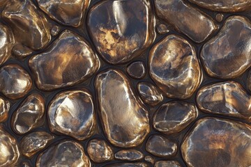 Seamless Bronzite smooth, shiny pebbles with a glossy surface, reflecting light and showcasing a variety of earthy tones including browns, golds, and blacks. The arrangement.