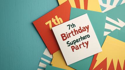 7th birthday superhero party invitation with colorful design elements, Happy Birthday 7 Anniversary Theme.