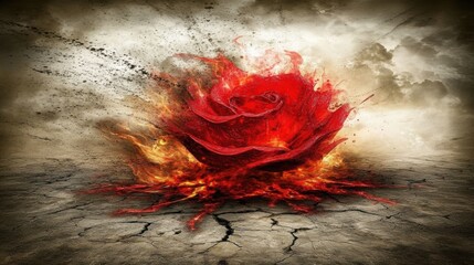Dramatic Red Rose Exploding on Cracked Earth Under Stormy Skies Digital Art