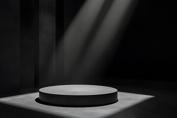 Black marble pedestal with spotlights on dark background.