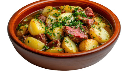 Delicious stew with tender meat and fresh potatoes, garnished. transparent background