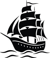 Stylized pirate ship with multiple sails, sailing across the sea with a bold and detailed design