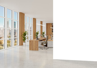 Free PNG wallpaper mockup in Interior, Modern Office with City View with transparent background, 3D rendering