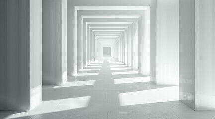 A long white hallway with endless columns creating a perspective illusion of depth and light