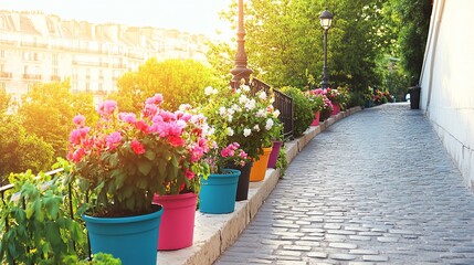 Fototapeta premium Parisian street, colorful flowers, cobblestone path, sunrise, city background