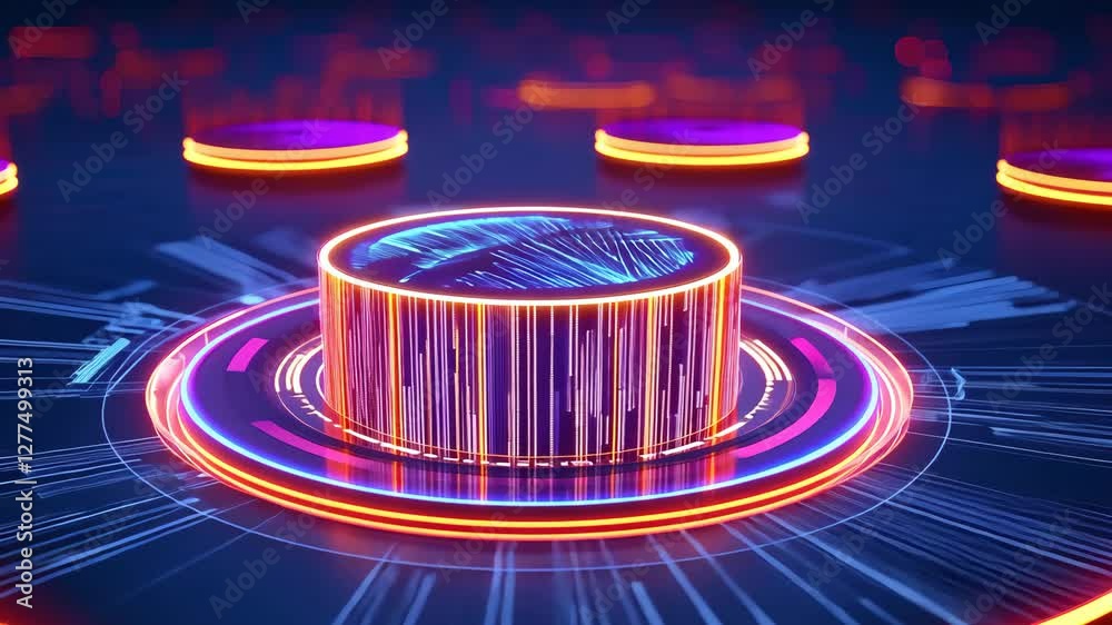 Poster glowing futuristic digital interface with neon lights and circular patterns showcasing central data 
