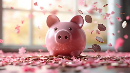A cheerful pink piggy bank surrounded by falling coins and flower petals, symbolizing savings