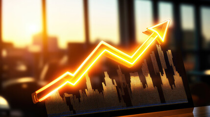 Glowing upward arrow graph on digital screen symbolizing positive company growth and future outlook, representing business success and financial progress.