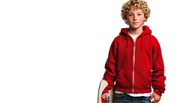 Boy in red hoodie holding skateboard - Powered by Adobe