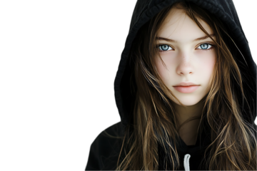Teenage girl portrait, black hoodie, serious expression