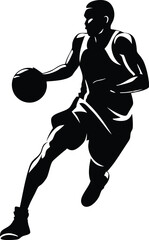 Stylized silhouette of a basketball player dribbling the ball in an athletic stance, ready for action