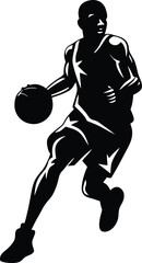 Stylized silhouette of a basketball player dribbling the ball in an athletic stance, ready for action