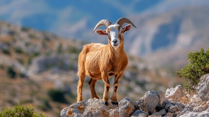 Majestic goat standing on rocky terrain, surrounded by mountainous landscape under blue sky
