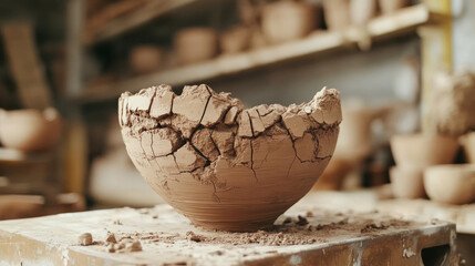 Fototapeta premium A cracked clay podium in a pottery workshop, showcasing intricate texture and artisanal craftsmanship. AI generative